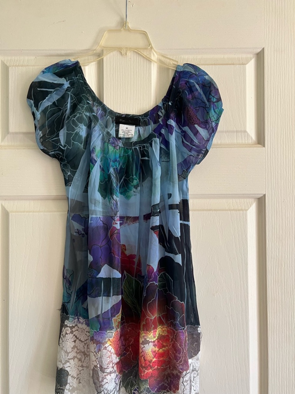 Fleurish Sheer Floral Puff Sleeve Tunic - Blue, Purple and Green